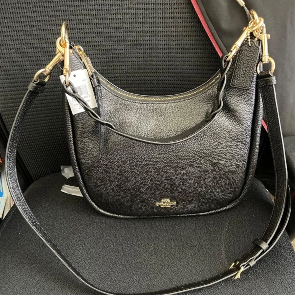 New Coach Black Jules Leather Hobo Bag with Gold Accents
